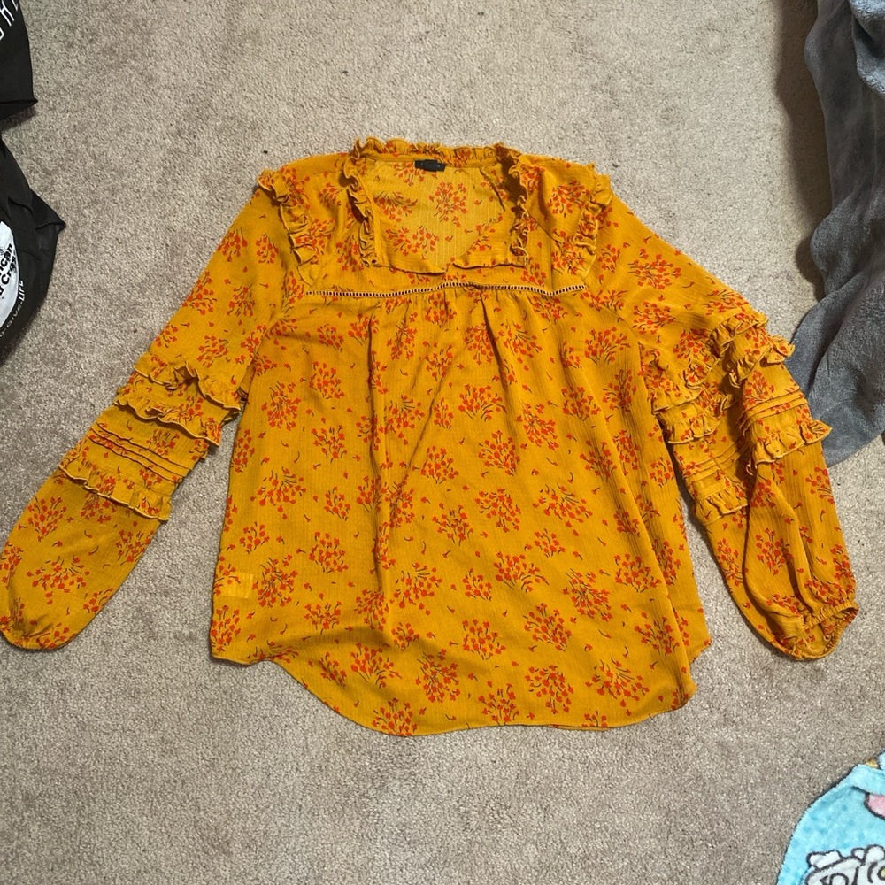 Ann Taylor Mustard Floral Ruffle Blouse